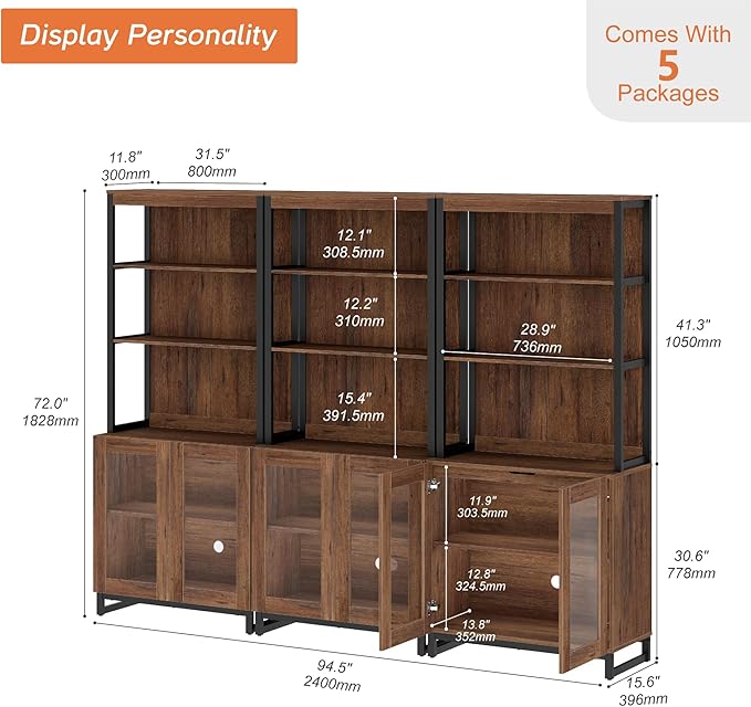 WAMPAT 3 PCS Modern 72" Tall Bookcases with Glass Doors and Adjustable Shelves, Library Book Shelf with Storage Cabinet and Open Book Shelfs, Wood Bookshelves for Home Office, Living Room, Brown