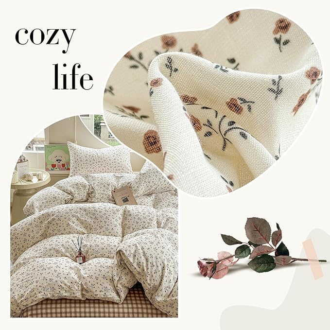 EAVD Garden Style Small Floral Duvet Cover Queen Size Soft 100% Cotton Muslin Bedding Set with Floral Print Fresh Cottagecore Botanical Pattern Duvet Cover with Zipper Closure
