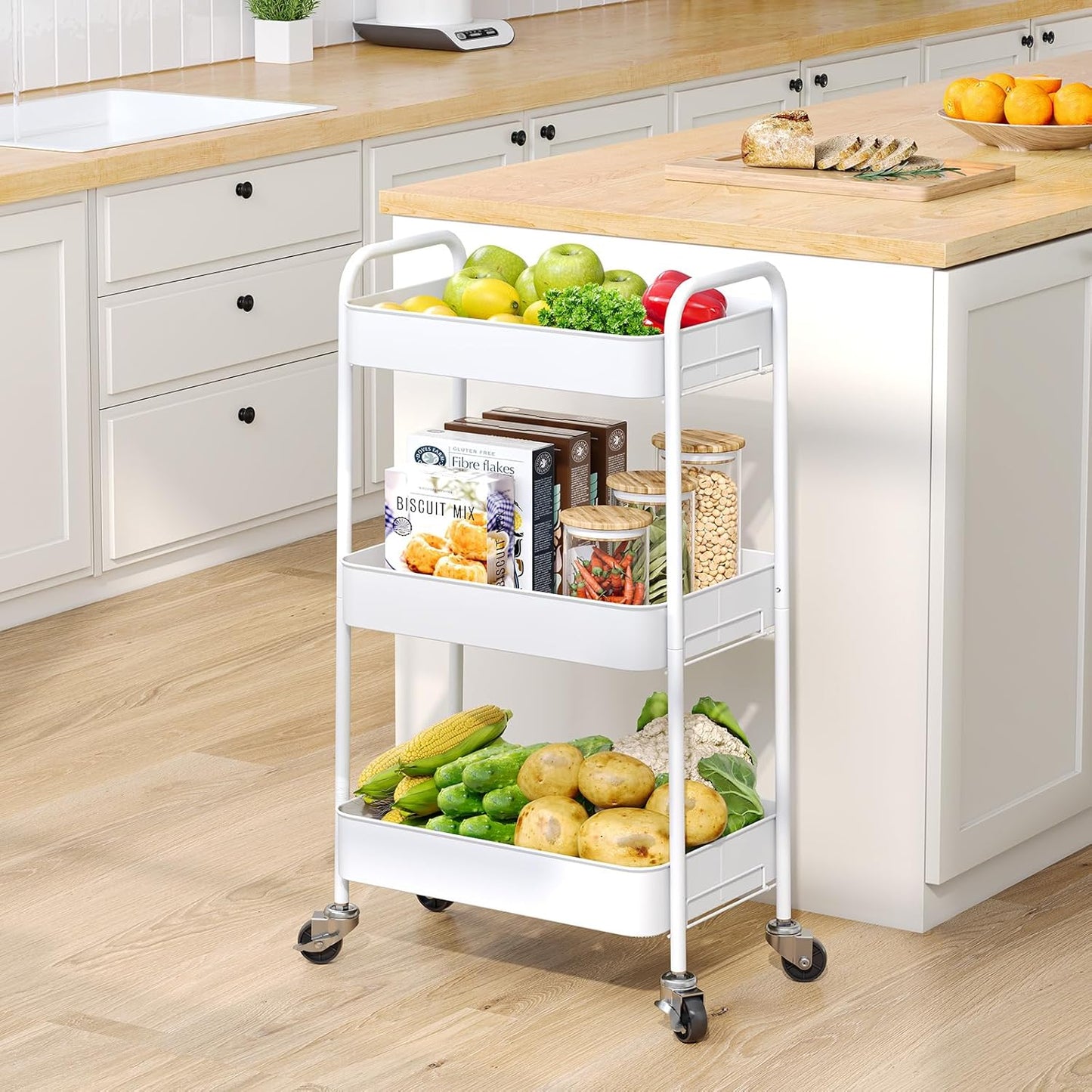 TOOLF 3-Tier Rolling Cart - Metal Utility Storage Organizer with Lockable Wheels | Easy Assembly, White