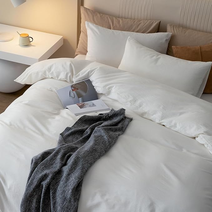 JIYUAN 100% Washed Cotton Duvet Cover Set 3 Pieces Super King, 1 Duvet Cover 108x98 Inches(Comforter Not Included) and 2 Pillowcases,Linen Feel Bedding Set Comfy and Breathable,Off White
