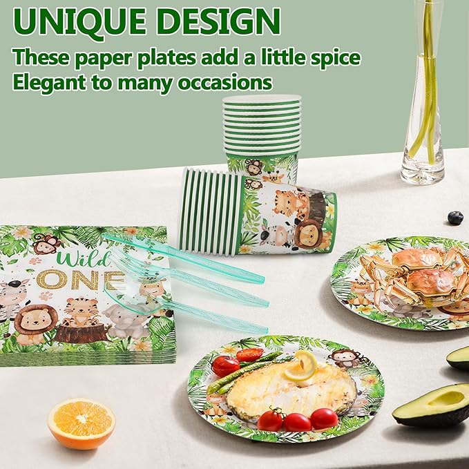 168 PCS Wild One Birthday Tableware Supplies, Disposable Plates Napkins Cups Knives Forks Spoons, Elephant Tiger Tableware Set for Jungle Safari Birthday Baby Shower Christmas Party Decor, Serves 24