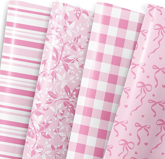 MotiGiftie Pink Wrapping Paper Sheet - 8 Sheets Folded Flat Gift Wrap with Cute Ribbon Bow, Pink Plaid, Stripes and Leaves Design for Girl Baby Shower, Birthday, Wedding - 20 X 28 Inch Per Sheet
