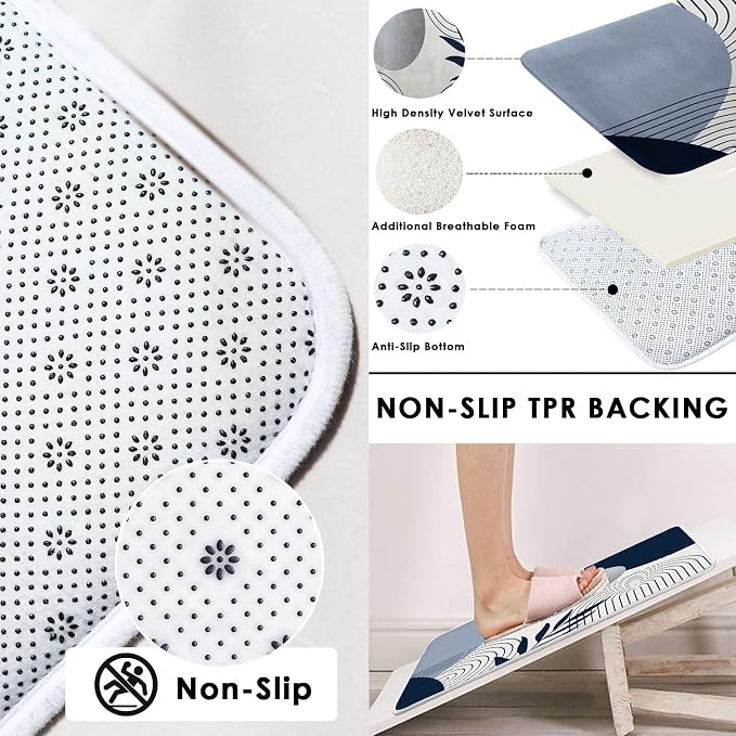 Boho Navy Blue and Grey Shower Curtain Set with Toilet Lid Cover and Non-Slip Rugs, Modern Minimalist Geometric Mid Century Abstract Leaf 4 Pcs Shower Curtain for Bathroom Set with 12 Hooks