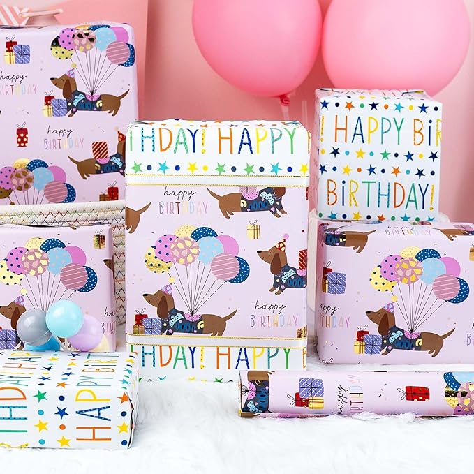 Burymento Birthday Dog Wrapping Paper, Reversible Color Happy Birthday Gift Wrap for Baby Shower, Valentines, Mothers day, Graduation, Wedding, Fathers day, Christmas (17in x 32.8ft)