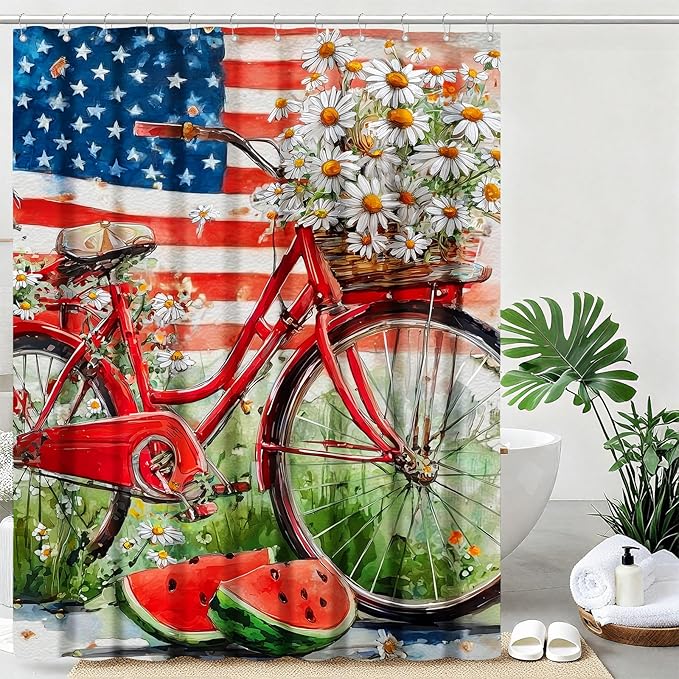 American Flag Shower Curtain Watercolor Bike Flowers Shower Curtains for Bathroom Waterproof Fabric Bath Curtain Decor with Hooks