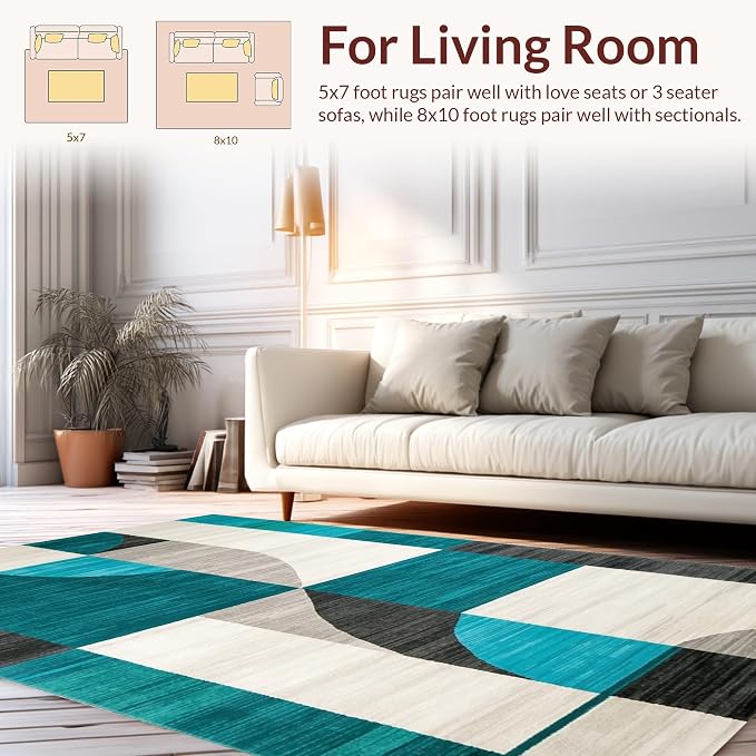 Flatwoven High Traffic Area Rug 5x7, Modern Abstract Geometric Rug Stylish Home Decor, Non Slip, Stain Resistant, Washable Area Rugs for Living Room, Bedroom (Teal, 5x7)