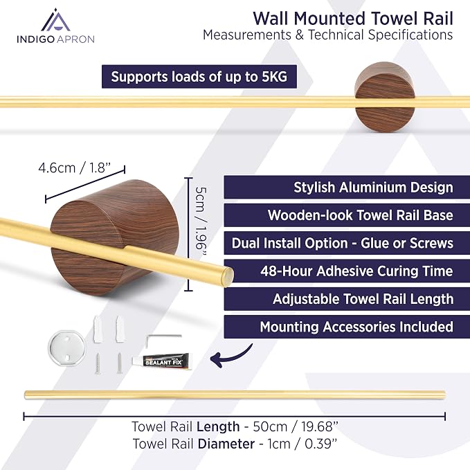 Towel Bar for Bathroom Wall, Towel Holder 20 Inch, Gold Aluminium, No Drill Adhesive or Screw Mount, Modern Minimalist Towel Rack, Kitchen & Bathroom, Wall Mounted, Wood-Look Base