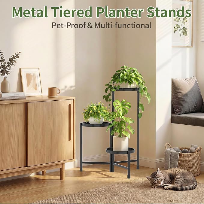 LASZOLA 3 Tier Large Plant Stand Indoor Tall with 10 Inch Metal Tray, Corner Folding Flower Display Rack, Modern Plant Holder Shelf for Outdoor Patio Porch Garden Office Living Room, Black