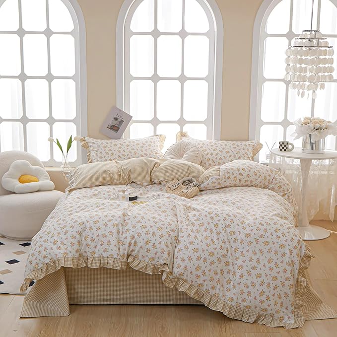 Floral Ruffle Duvet Cover King Chic Floral Lace Duvet Cover 100% Cotton Flower Bedding Set Romantic Ruffle Comforter Cover Vintage Garden Style Botanical Duvet Cover Girls Princess Bedding Set King