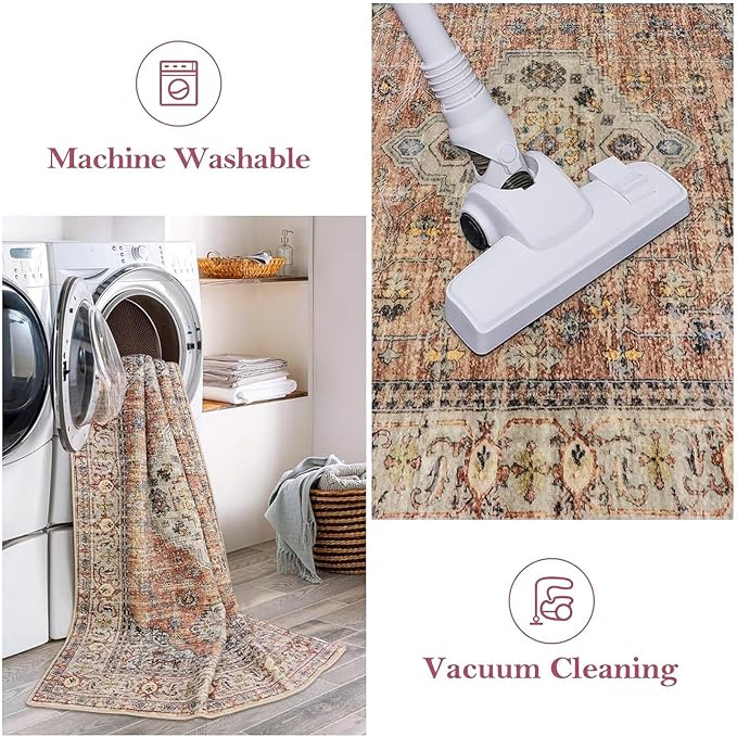 Lahome Oriental Washable Round Rugs, Non-Slip Round Rug 4ft Ultra-Thin, Vintage Soft Small Circle Carpet for Entryway Kitchen Bedroom Nursery Bathroom, Peach/Orange