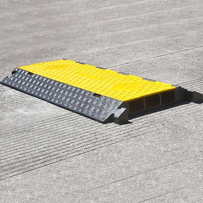 OranLite Rubber Cable Protector Ramp, Heavy Floor Cable Wire Cord Cover Speed Bumps 22000Lbs Load Capacity, Driveway Hose Cable Ramp Protective Cover for Indoor and Outdoor (3-Channel x 2Pcs)