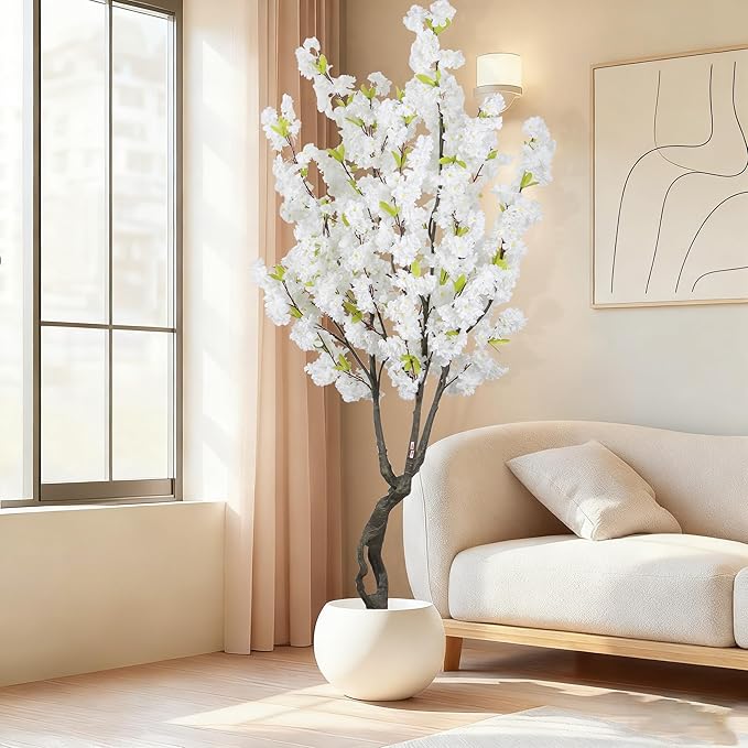 6.23ft Tall White Artificial Cherry Blossom Trees, Realistic Flower Faux Silk Leaves Plant, Fake Cherry Blossom Tree for Home Office Indoor Outdoor Party Wedding Christmas Decor