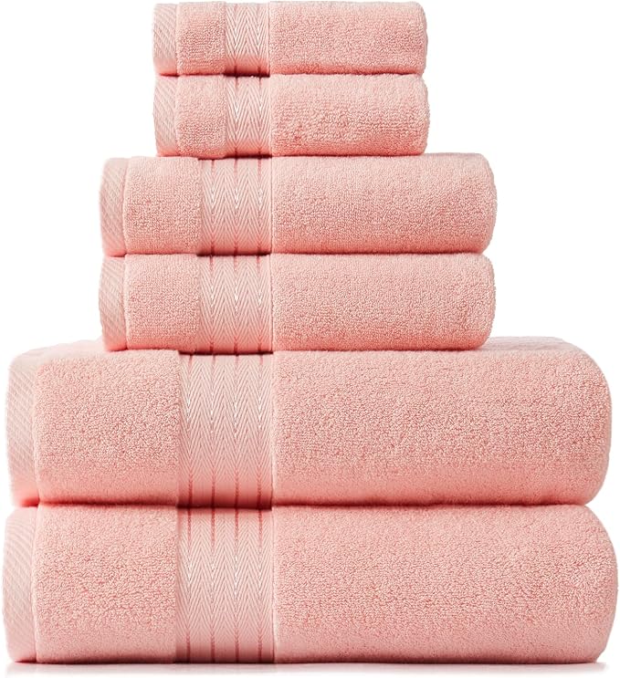 COZYART Soft Pink Bath Towel Set for Bathroom Soft Absorbent Durable 650 GSM Turkish Cotton Towel Sets of 6, 2 Large Bath Towels, 2 Hand Towels, 2 Washclothes