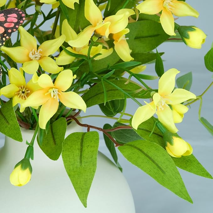 HOSY Artificial Freesia Bouquet in Ivory Ceramic Vase, Silk Flower and Butterfly Arrangements for Table Centerpiece Decoration (Freesia)