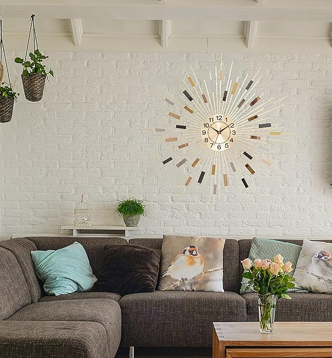 24" Large Sunburst Wall Clock, Boho Modern Farmhouse Metal Decorative Clock, Silent Non‑Ticking Battery Powered, Mid‑Century Starburst Art Decor for Living Room Bedroom Office Home