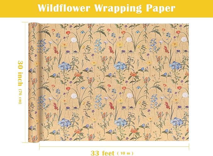 WRAPAHOLIC 30 Inch Kraft Floral Wrapping Paper Roll - 30 Inch x 33 Feet - Wildflower Wrapping Paper Perfect for Girls Women Birthday, Wedding, Bridal Shower