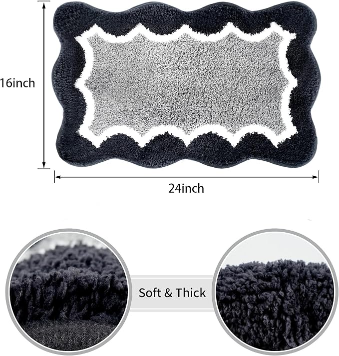 Scalloped Black Small Bathroom Rugs Mat,Non Slip Absorbent Quick Dry Bath Mats for Shower Room,Plush Microfiber Bath Rug for Bathroom Floor Washable Carpet for Shower Tub Sink Bedroom,16"x24"