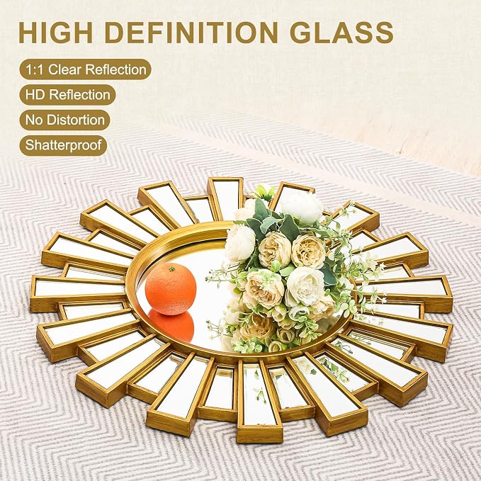 Gold Large Sunburst Wall Mirror - 24 inch Round Beveled Sun Mirror with Layered Metal Frame for Wall Decorative Modern Boho Wall Art for Entryway Bedroom Living Room Hallway Bathroom Dining Room