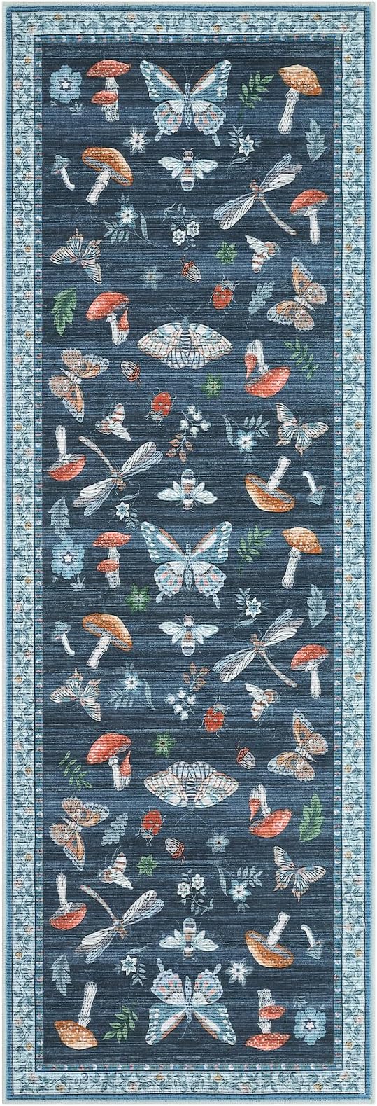 Washable 2x6 Vintage Runners for Hallway Entryway Retro Distressed Kitchen Carpet Runner Low Pile Soft Bedside Boho Carpet Non Slip Bath Rug Non Shed Thin Floral Accent Carpets, Blue