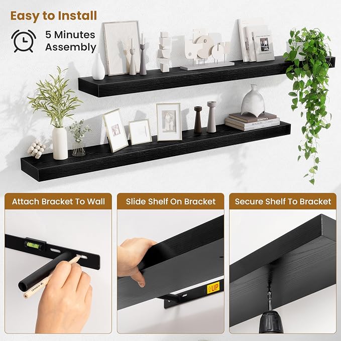 Fun Memories Floating Shelves 48 Inch, Extra Large Wood Shelf Set of 2, Hanging Wall Shelves for Bathroom, Living Room, Kitchen, Bedroom, Black