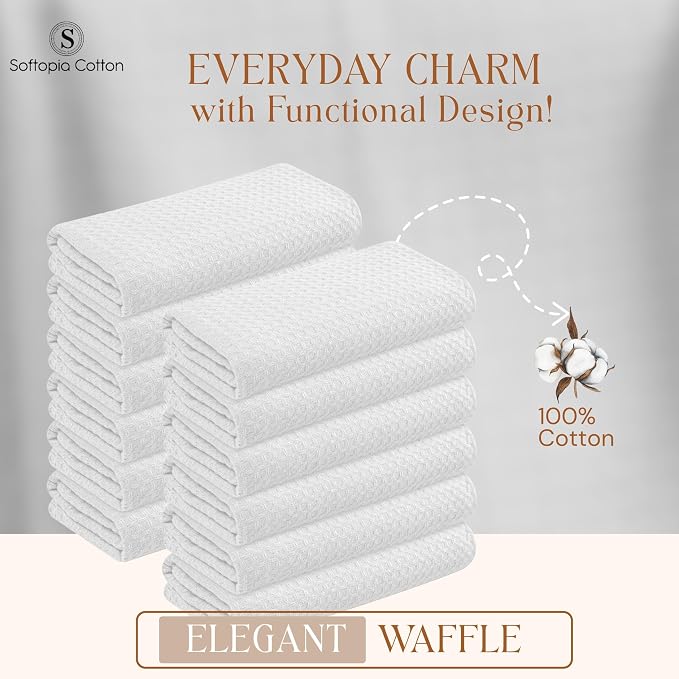 White Waffle Kitchen Dish Towels 100% Cotton, Soft, Absorbent, Quick Drying, Multipurpose Use, Bar & Hand Towels, 16x26 Inches, Durable, Machine Washable, Reusable, Set of 12