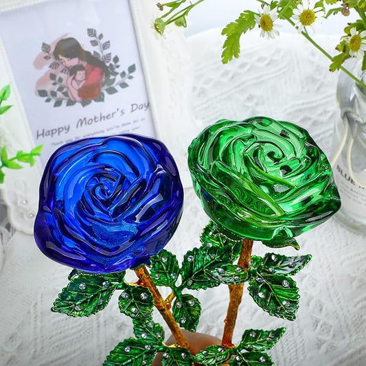 HDCRYSTALGIFTS 9.5'' Crystal Rose Flower Glass Blue and Green Flowers with Green Leaves for Wedding Anniversary/Wife, Romantic Forever Gifts for Her (Pack of 2)
