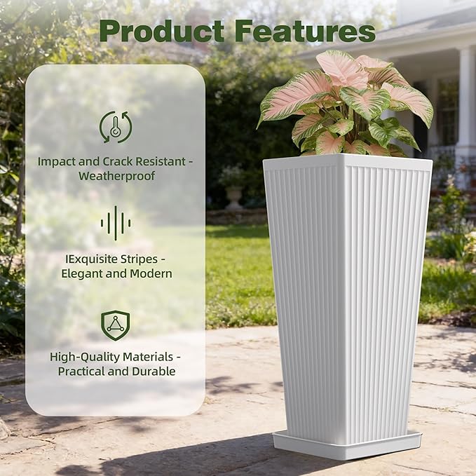 Square Tall Planters for Outdoor Plants Set of 2-23.6" Modern Tapered Indoor Flower Pots with Drainage Holes/Partition/Tray, Large Outdoor Planters for Porch Patio Garden Front Porch, White