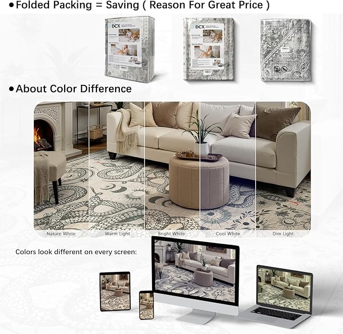 DCX Washable 4x6 Snake Rug, Beige Gothic Rug for Living Room, Soft Low Pile Carpet, Kid & Pet Friendly with Rubber Back Non Slip, Stain Resistant Rug for Bedroom Dining Room Office