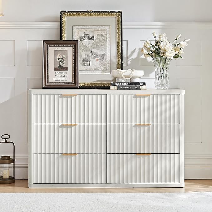 LEYAOYAO Fluted 6 Drawers Dresser Set of 2, 48" Wide Modern Chest of Drawers with Wood Grain Top, Curved Profile Design, Dresser TV Stand, Wooden Drawer Organizer for Bedroom, Living Room, White