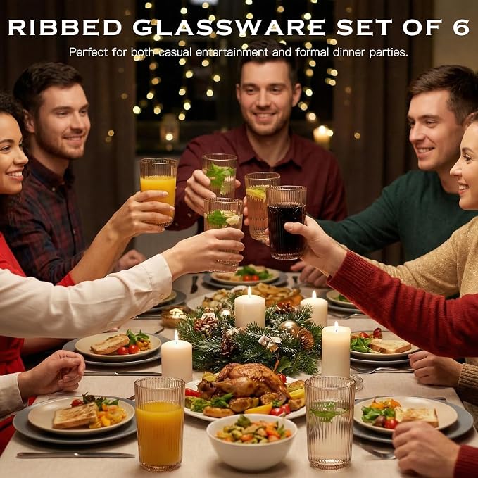 Gray Ribbed Highball Glasses Set of 6, 13.2oz Smokey Gray Colored Glassware, Drinking Glasses for Water, Juice, Iced Coffee, Cocktails, Glass Cups, Housewarming Christmas Gift