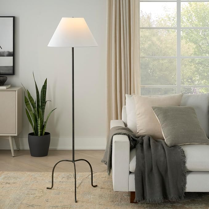 Nourison Home 66" Black Wrought Iron Heritage Metal Slim Tripod Standing Floor Lamp for Modern, Industrial, Minimalist Living Room, Bedroom, Dining Room, Reading