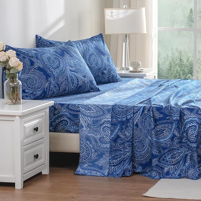 Bedlifes California King Sheet Set Ultra Soft, Breathable, Silky Flower Deep Pocket 100% Microfiber Bedding, 4 Piece Cal King Size Paisley Dark Navy Blue