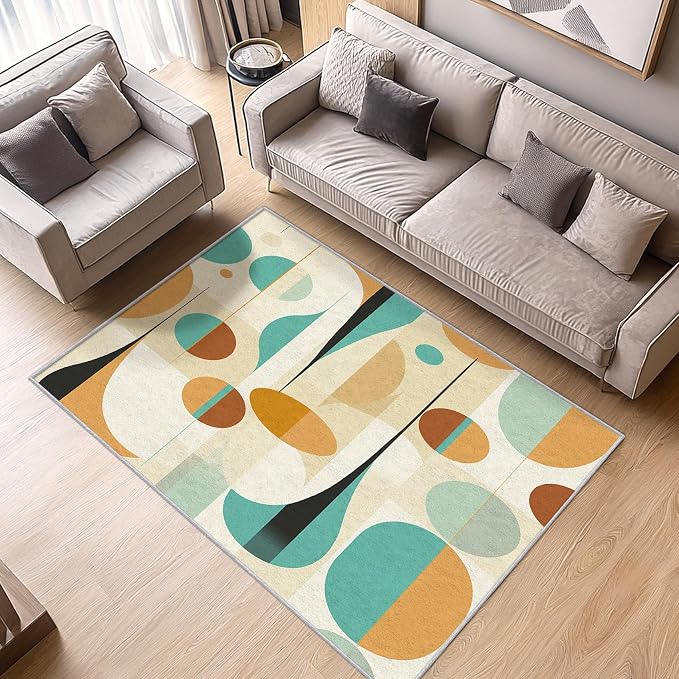 Retro Mid Century Rug 7x9, Washable Modern Geometric Rugs for Living Room Bedroom, Abstract Mid-Century Area Rug for Home Decor, Non Slip Backing Floor Carpet - 7 x 9 ft