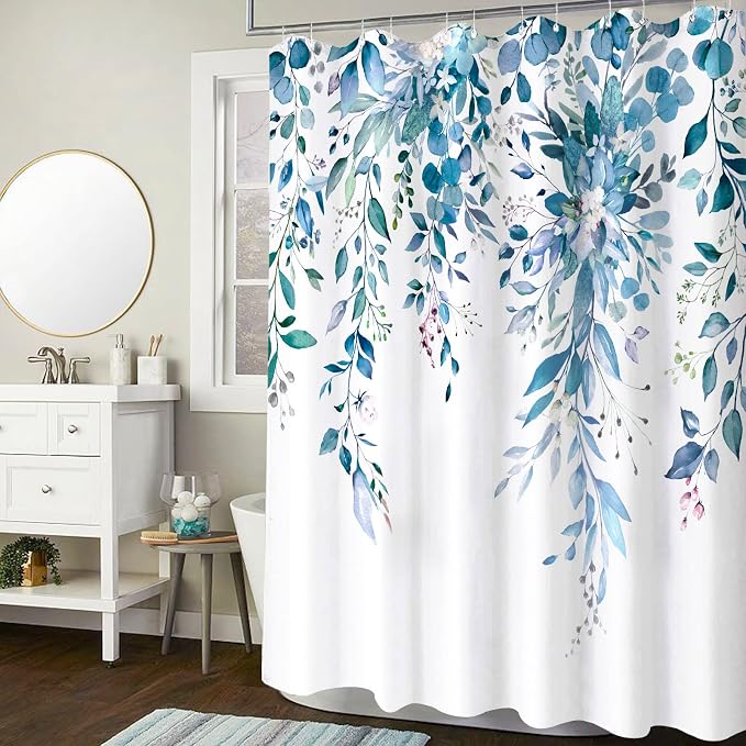 Long Blue Eucalyptus Shower Curtain Watercolor Floral Plant Leaf Shower Curtains for Bathroom Botanical Flower Waterproof Fabric Bath Curtain Decor with Hooks (Blue, 72'' x 78'')