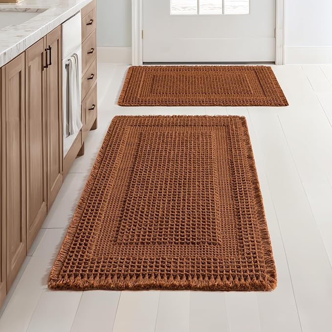 MIULEE Set of 2 Waffle Bathroom Rugs, Terracotta Boho Bath Rug Super Absorbent, Non Slip Washable Ultra Soft Rubber Backed Shower Bath Mats for Floor, Tub, Looped Design, Caramel, 17"x24"+18"x30"