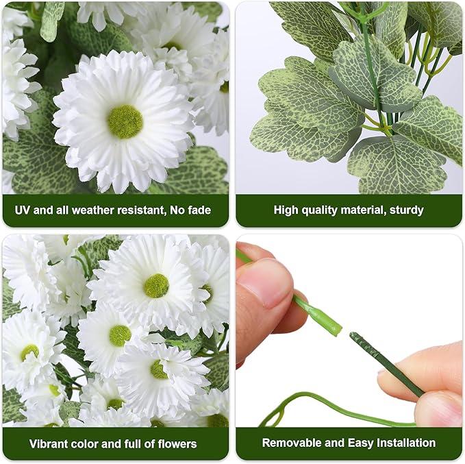 HyeFlora Dahlia Artificial Flowers for Outdoors Winter Decoration, 6 Bundles Fake Daisy White Faux Flowers Plants Realistic UV Resistant Silk Flowers for Outside Planter Front Door Yard Garden