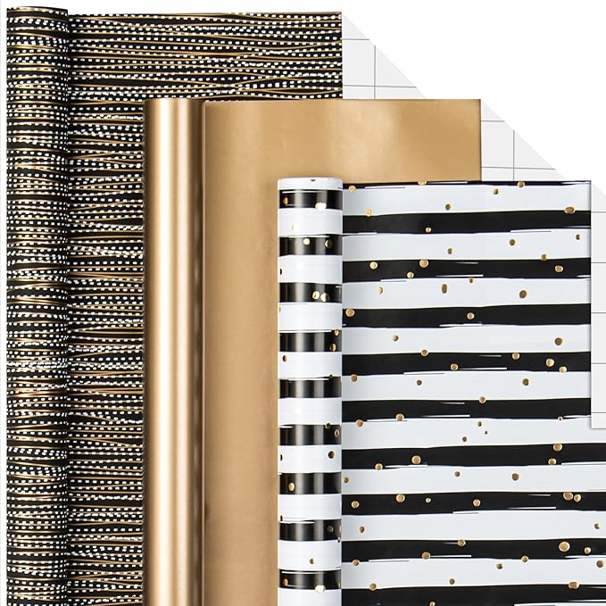 MAYPLUSS Gift Wrapping Paper Roll - 17In x 120In Per Roll - Luxury Black and Gold Stripe Anniversary Present Gift Wrap Paper for Men Birthday, Christmas, Wedding, Graduation, Father's Day and Party