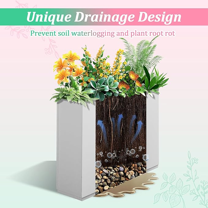 Metal Planter Box Rectangular Planter Box with Drainage Hole, Outdoor Large Planters, All-Weather Use, Rust-Resistance, for Flowers Plants, 35.4" L × 9.1" W × 25.6" H, White