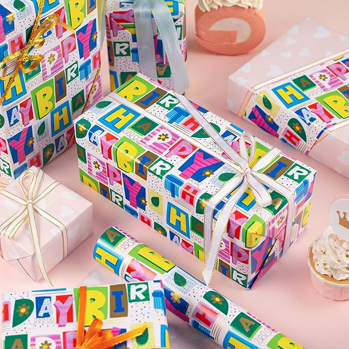 Homeral Reversible Wrapping Paper - Colorful Happy Birthday Letterings & Pink Heart Girly Gift Wrap for, Baby Shower, Party Gift Wrapping - Mini Roll Wrapping Paper - 17in x 33ft