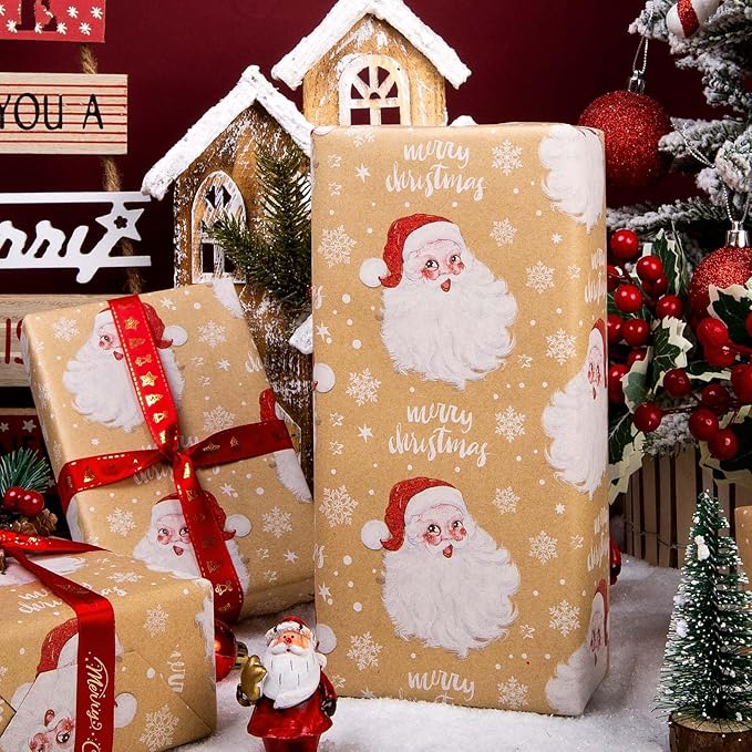 MAYPLUSS Christmas Wrapping Paper Roll - 17IN X 33FT - Kraft Gift Wrapping Paper Featuring Cute Santa Claus Snowflake Reversible Cut Lines for Kids, Holiday, New Year