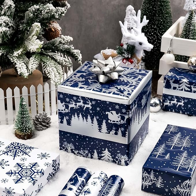 MAYPLUSS Festive Holiday Wrapping Paper - 17Inch x 120Inch Per Roll - Cozy Reindeer Snowflakes Tree Scene Gift Wrap Magical Winter Atmosphere Thick Christmas Paper Wrap for Party Celebration Wedding