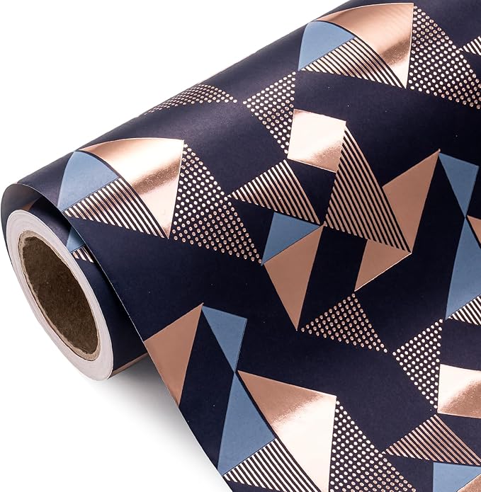 WRAPAHOLIC Birthday Wrapping Paper for Men - Mini Roll - 17 Inch x 16.5 Feet - Foil Modern Navy Blue Geometric Wrapping Paper Perfect for Husband, Boyfriend Birthday, Wedding, Bridal Shower