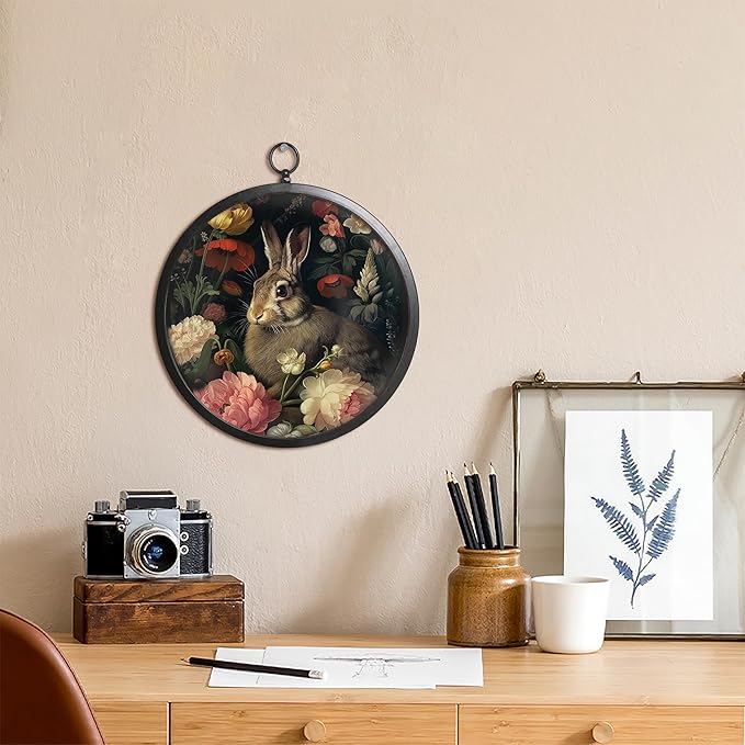 XIAOAIKA Vintage Wall Art with Metal Frame, Round Wood Print Featuring Rabbit Among Flowers, Boho Wall Decor for Living Room, Bedroom, Kitchen, Hallway, 10 Inch
