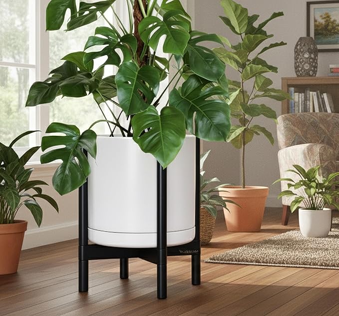 D'vine Dev Ceramic Planter with Ebony Stand - 14 Inch Modern Round Flower Pot with Wood Planter Holder, White, 55-B-S-1