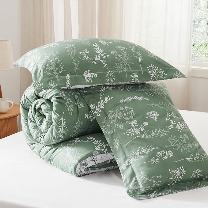 Bedsure King Comforter Set - Green Bed Set, 3 Pieces Cute Floral Bedding, 1 Soft Reversible Botanical Flowers Comforter and 2 Pillow Shams