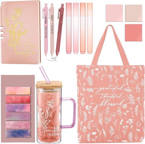 Reallnaive 14-Piece Mother's Day Christian Gift Set | Bible Journaling Kit with Glass Cup & Notebook (Pink)