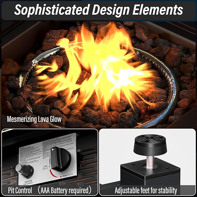 Belord 30 Inch CSA Listed Propane Fire Pit Table - 50000 BTU Square Outdoor Fire Pit Table with Lid and Lava Rock for Patio Backyard Deck and Outdoor Gatherings