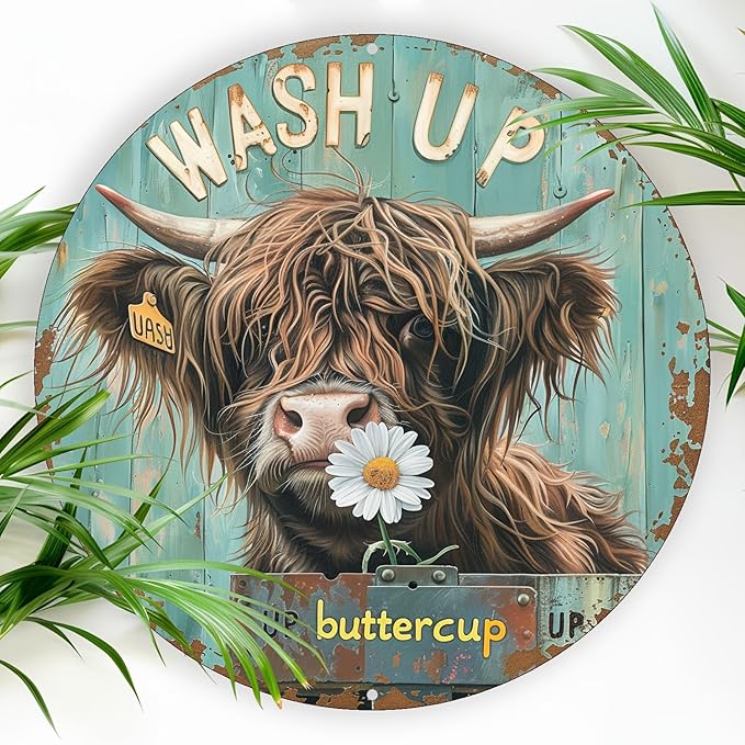 Round Aluminum Highland Cow Wall Art Sign with Daisy - Waterproof, UV Resistant Wash Up Buttercup Metal Poster Board for Cafe, Bedroom, Bar, Living Room Decor, 8x8 inch