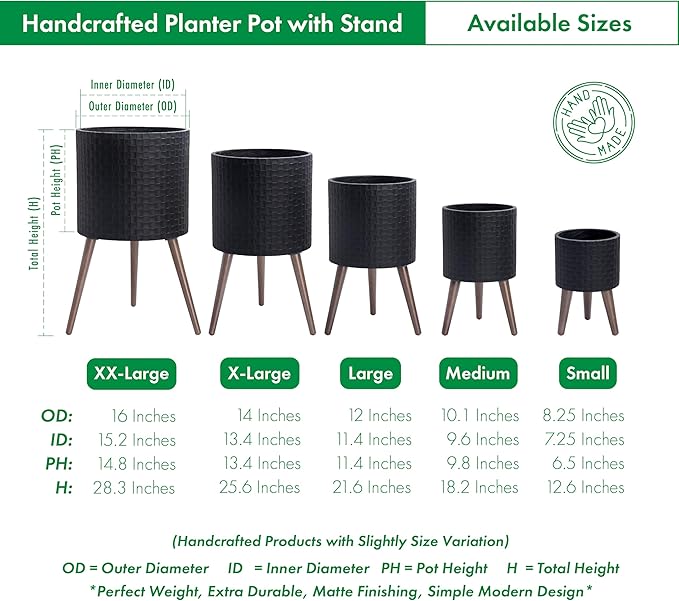 D'vine Dev 12 Inch Modern Geometric Tile Patterned Sleek Planter Pot with Stand, Indoor Outdoor Decorative Plant Holder, Matte Black, 88-Z-C-2