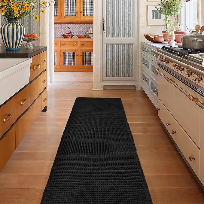 ZALL Waffle Bath Mat Black Super Absorbent Non Slip Bathroom Rug,Rhombus Geometric 24X60inch,Machine Washable Ultra Soft Floor Mats